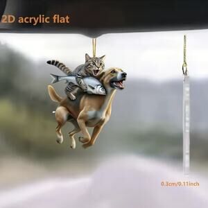 Cat Riding Dog Acrylic Keychain Fish 2D Flat Design Fun Pet Themed Bag Car Charm